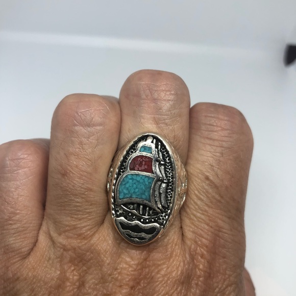 Vintage Real Turquoise Coral Inlay Ship Ring